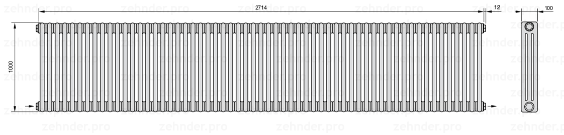 Схема (чертеж) Радиатор Zehnder Charleston 3100/59 №2670 Белый глянцевый RAL 9016